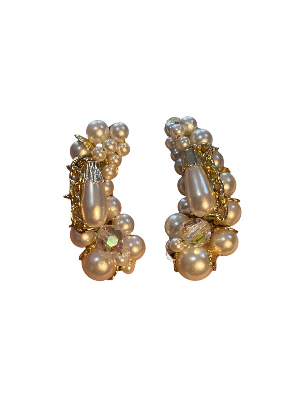 Vintage Japan Faux Pearl Cluster Clip Earrings Gold Tone Crystal Mid Century